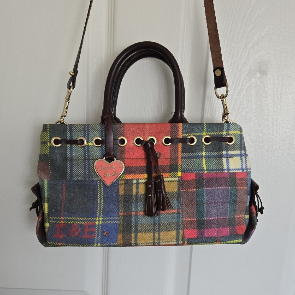 Plaid Satchel with Brown Handles
